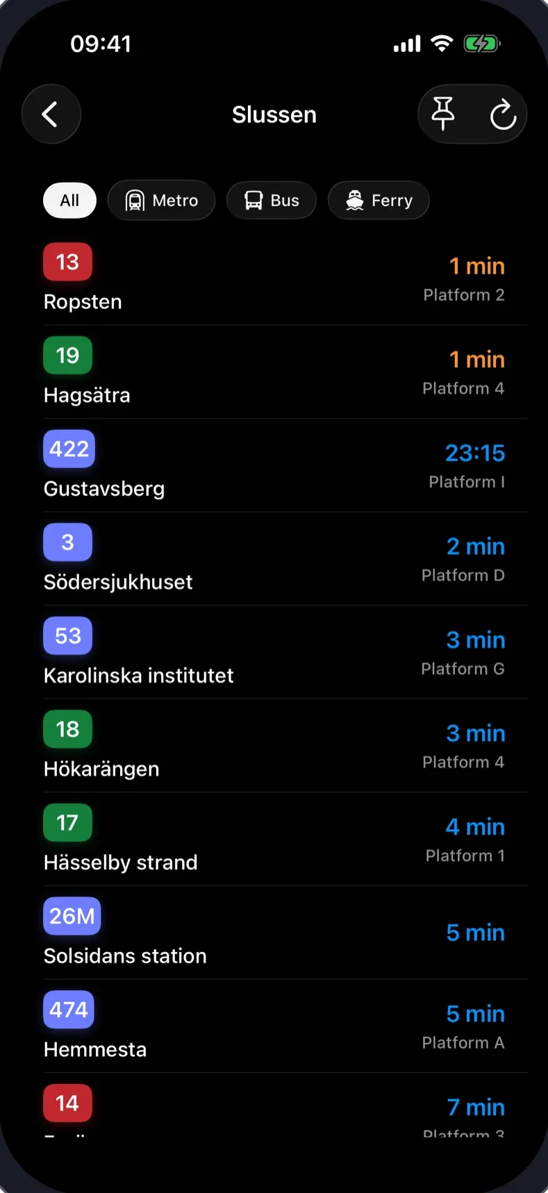 Departures for metro, buses and ferries at Slussen in SL Tracker