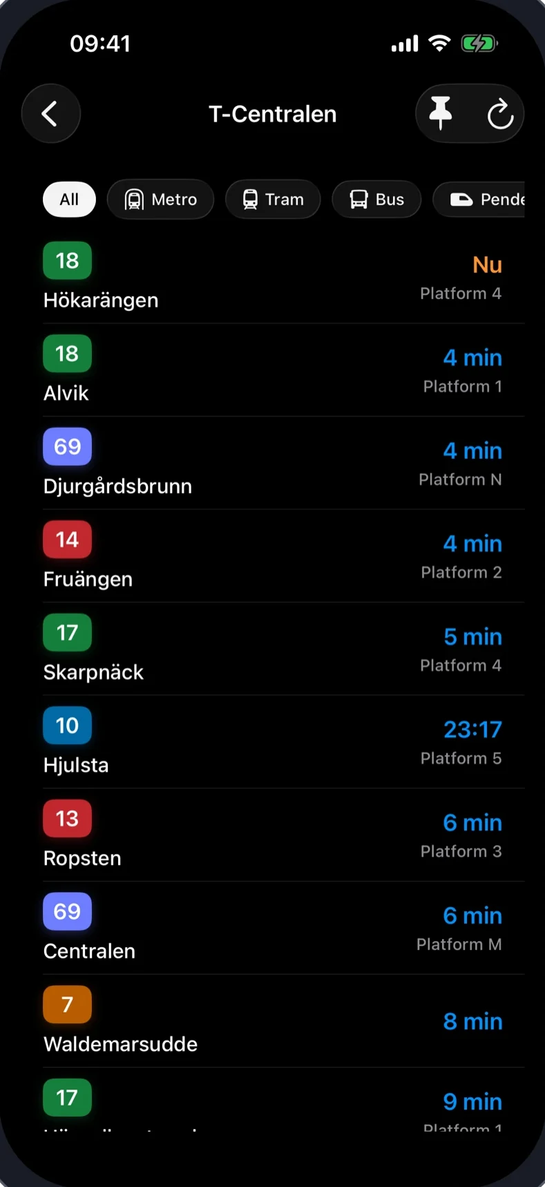 Live departures at T-Centralen in SL Tracker